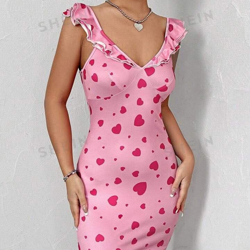 Pink Heart Print Ruffle Dress.